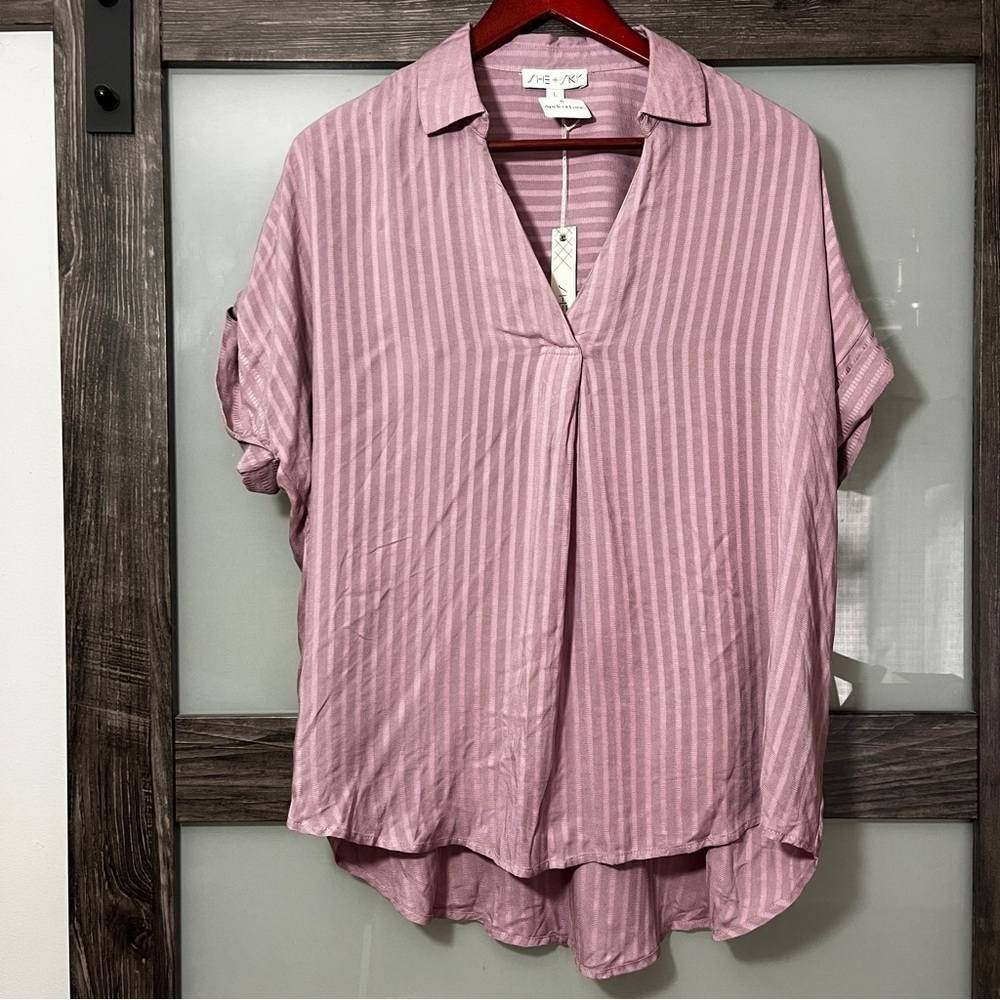 She + Sky Lagenlook Slouchy Oversized Mauve Striped Shirt Johnny Collar NWT L - Picture 1 of 7